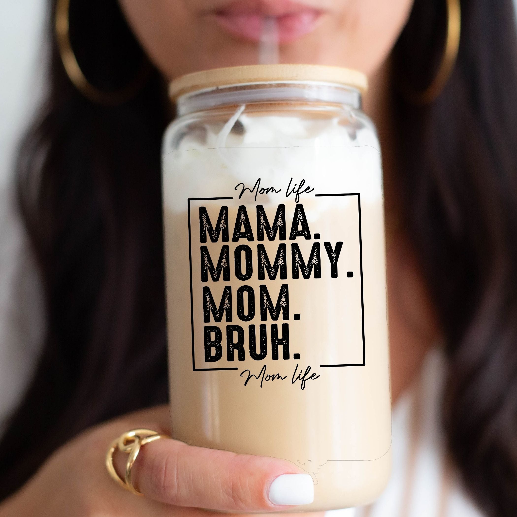 Mama Bruh 16oz sublimation transfer print showcasing vibrant colors and humorous design for moms.