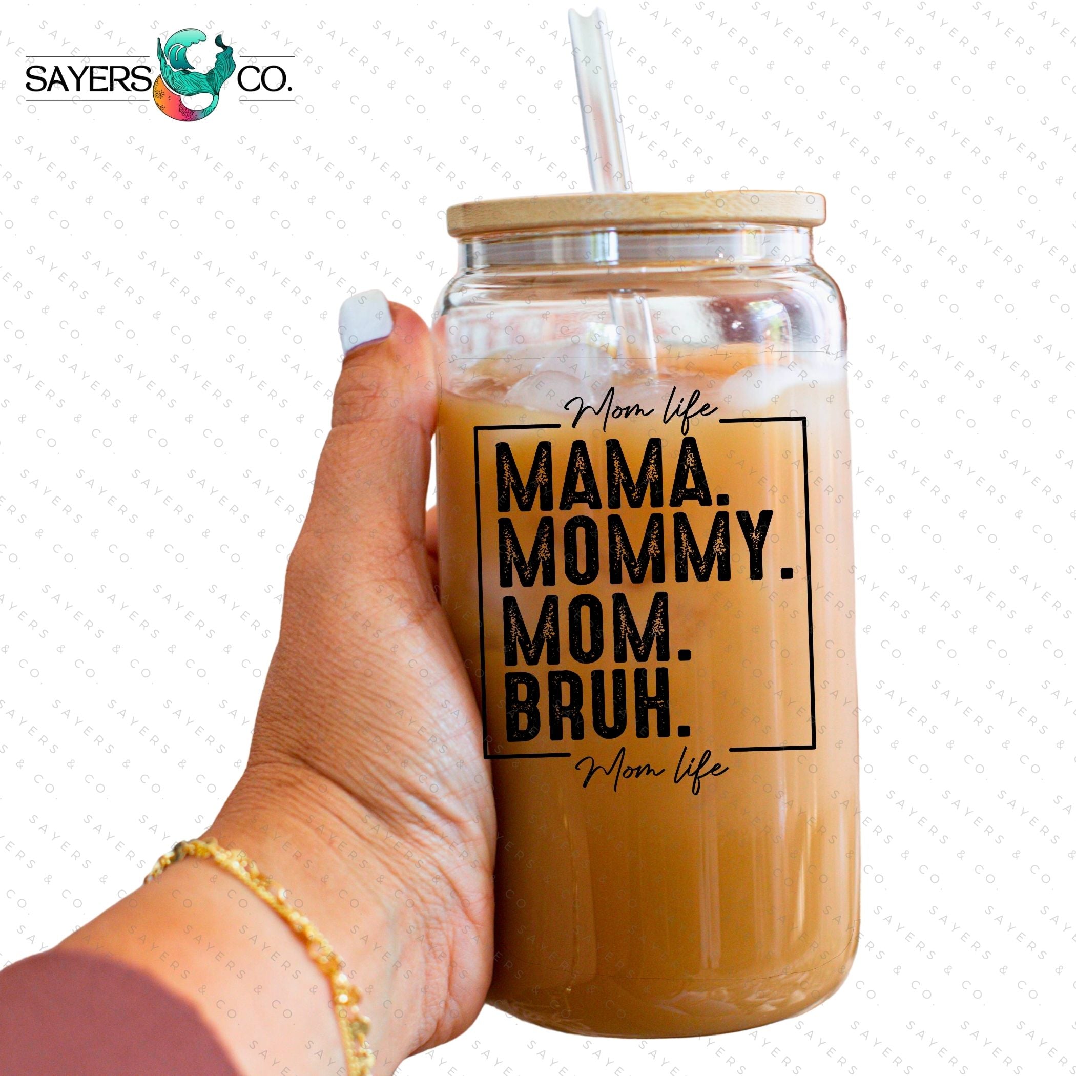 Mama Bruh 16oz sublimation transfer print showcasing vibrant colors and humorous design for moms.