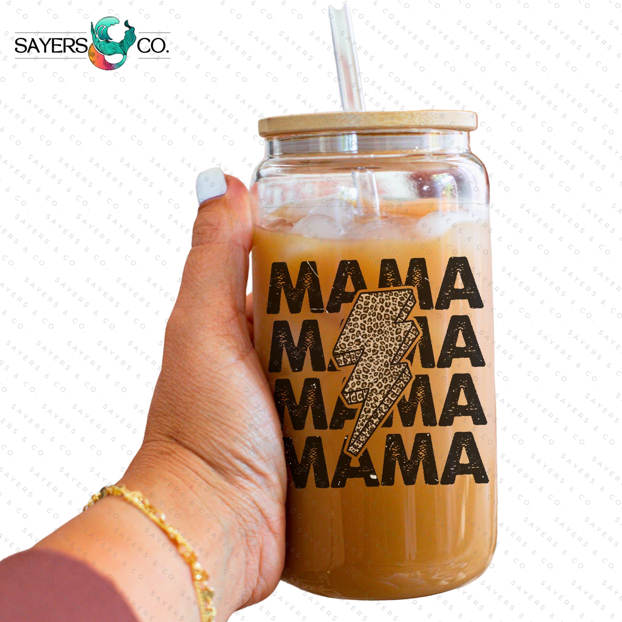 Mama Leopard Bolt 16oz sublimation transfer design on a tumbler, showcasing vibrant colors and unique leopard print pattern.