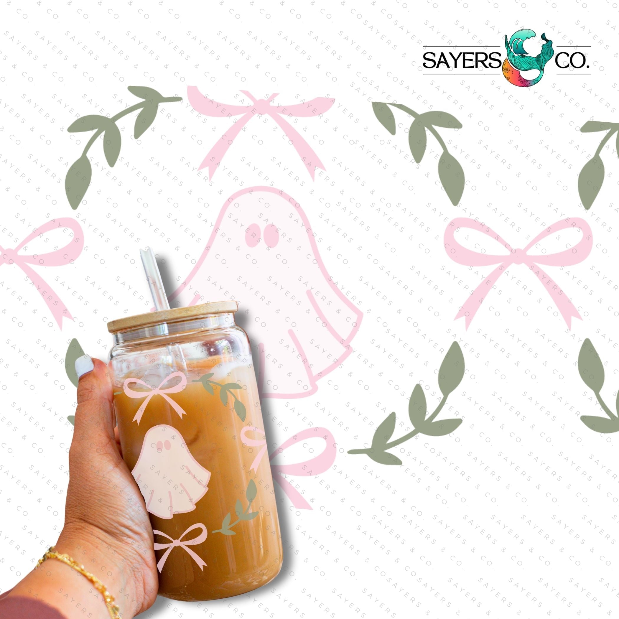A 16oz cup featuring a whimsical Pink Ghosts Wrap design, perfect for Halloween-themed drinkware.