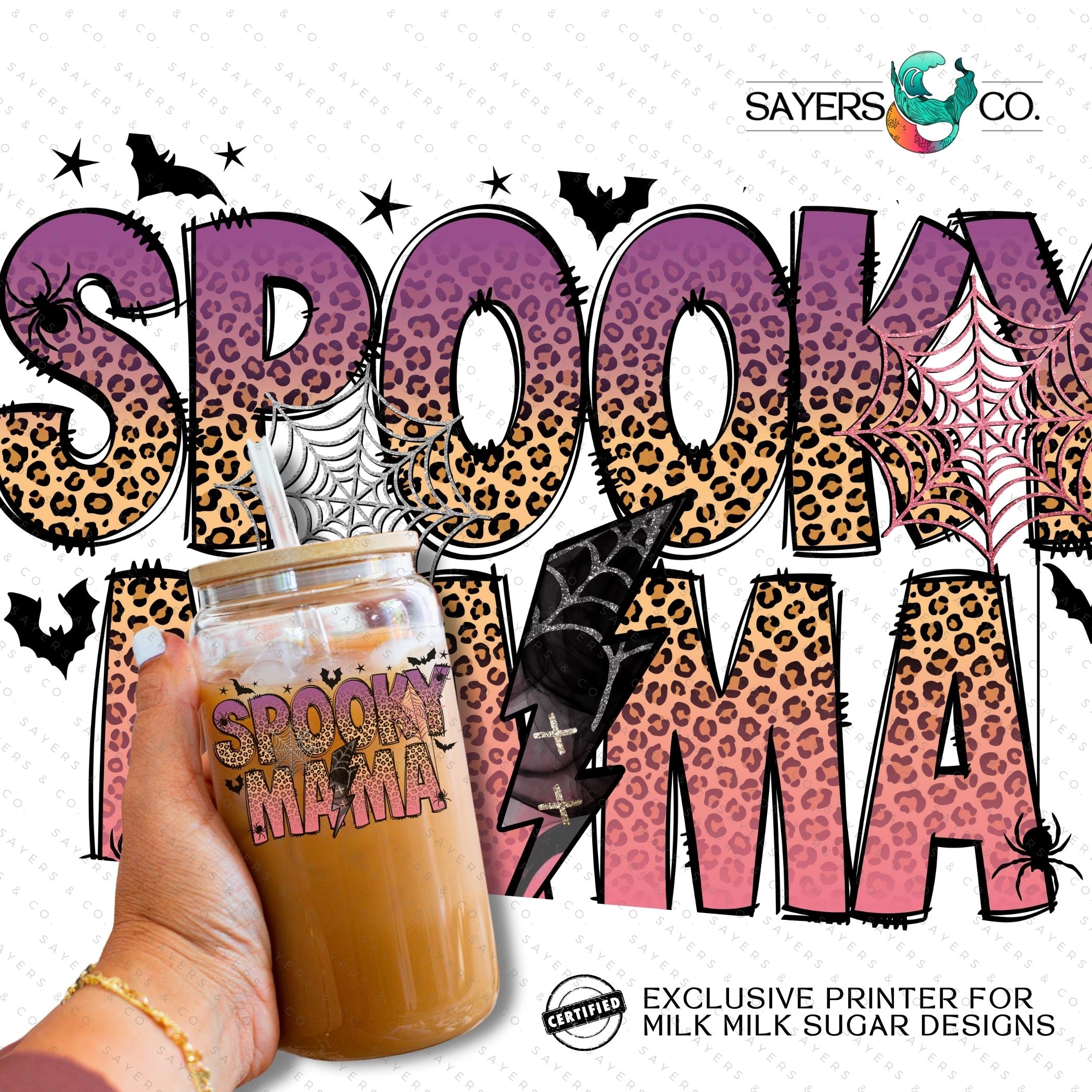 Spooky Mama 16oz sublimation transfer and vinyl print design featuring Halloween-themed graphics.