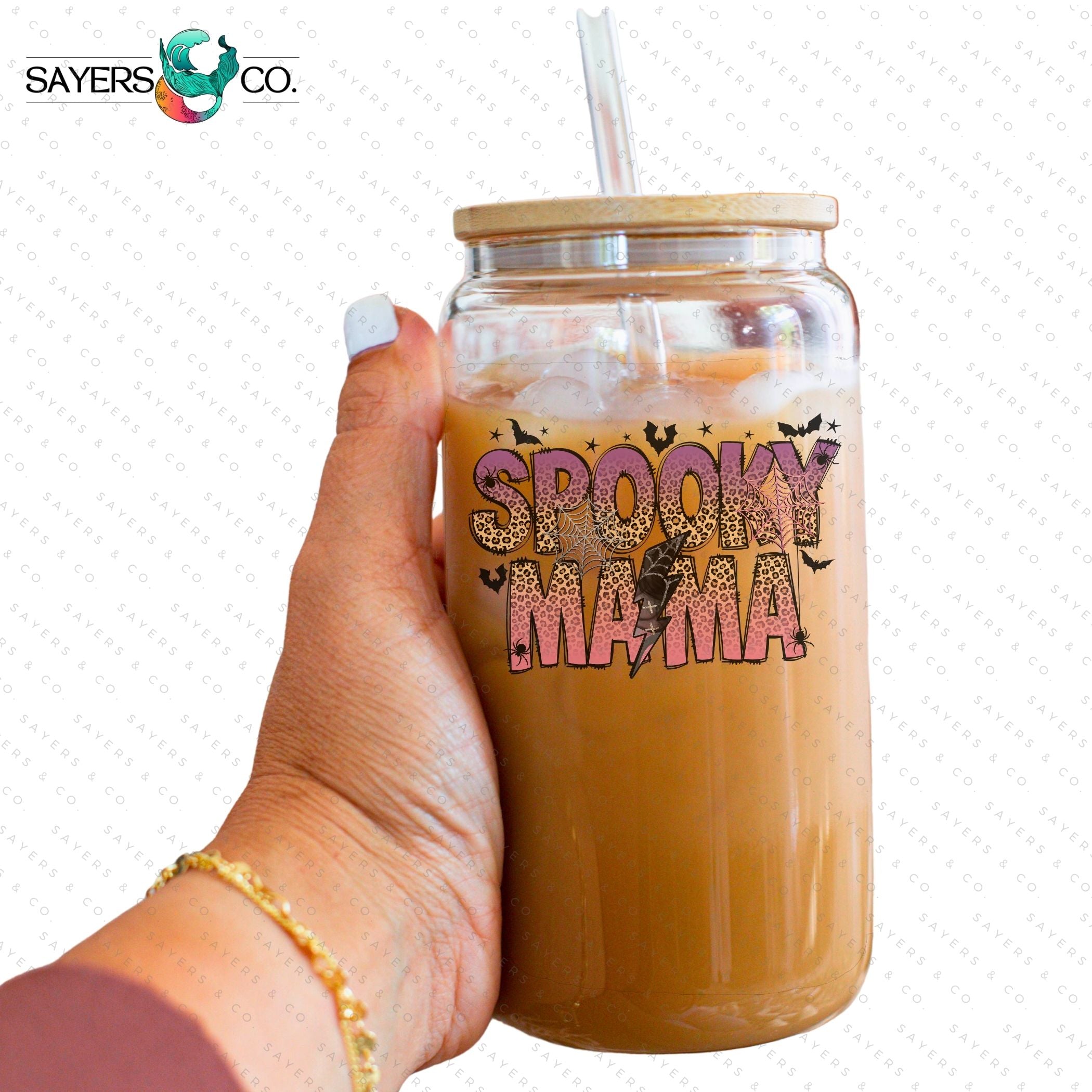 Spooky Mama 16oz sublimation transfer and vinyl print design featuring Halloween-themed graphics.