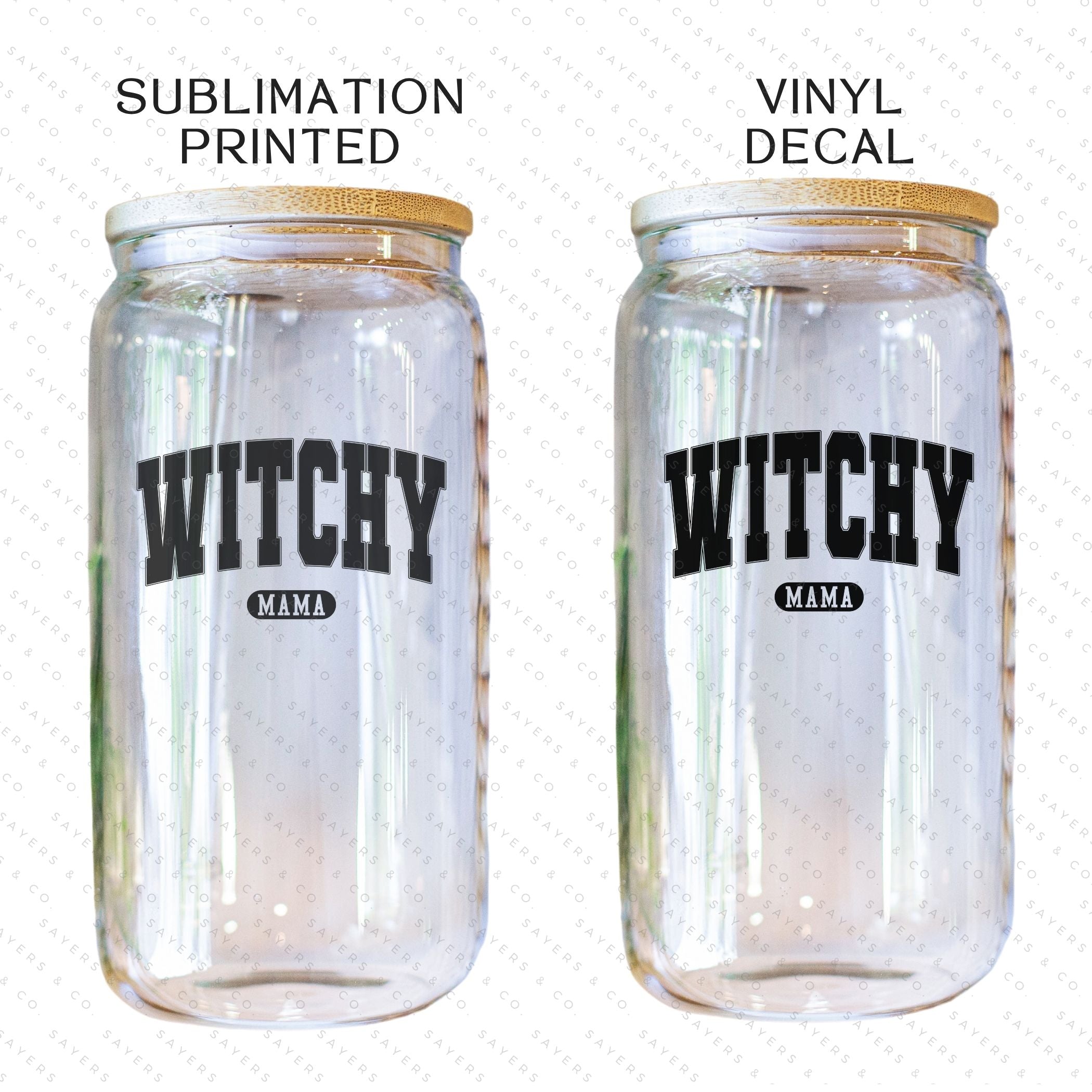 Witchy Mama 16oz tumbler design featuring spooky elements for Halloween-themed drinkware.