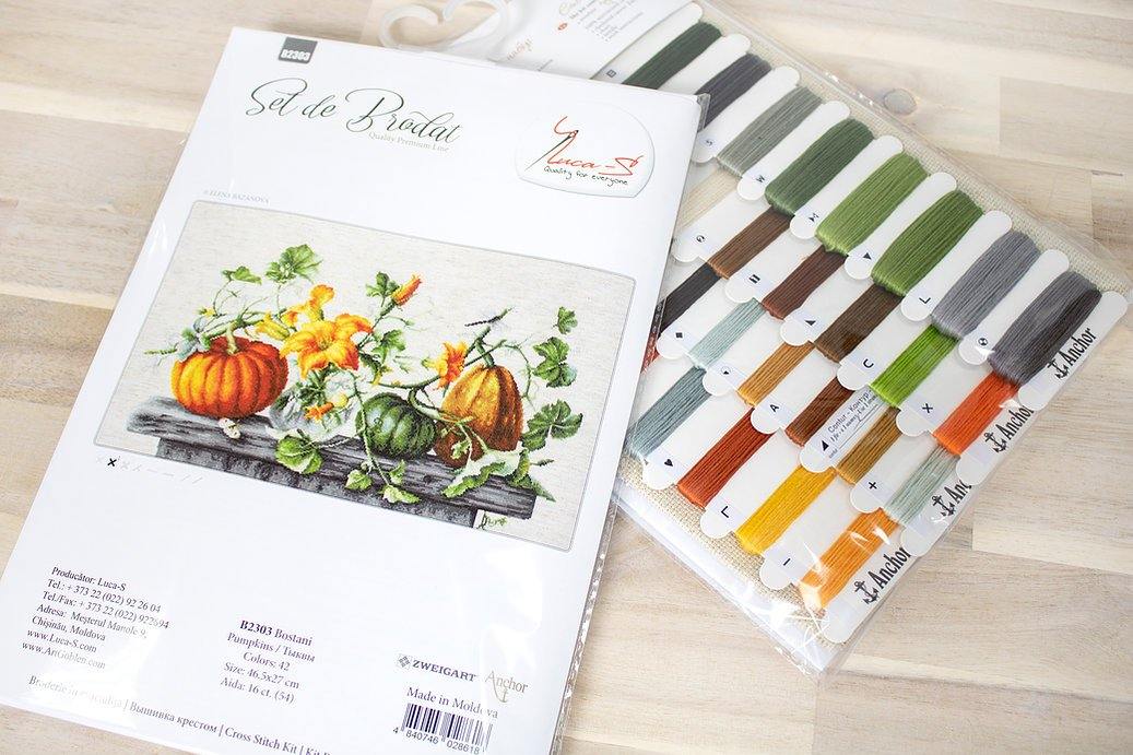 Pumpkin B2303L Counted Cross-Stitch Kit with Aida canvas, colorful threads, and needle, showcasing autumn-themed design.