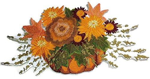 Pumpkin Floral Spray embroidered patch with vibrant colors and intricate design, measuring 9.98 inches by 5.16 inches, suitable for iron-on or sew-on applications.
