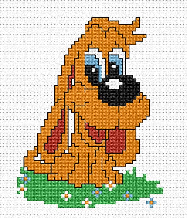 Puppy B088L Counted Cross-Stitch Kit featuring Aida canvas, colorful threads, and needle.