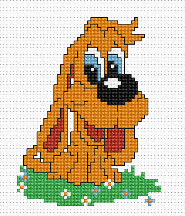 Puppy B088L Counted Cross-Stitch Kit featuring Aida canvas, colorful threads, and needle.