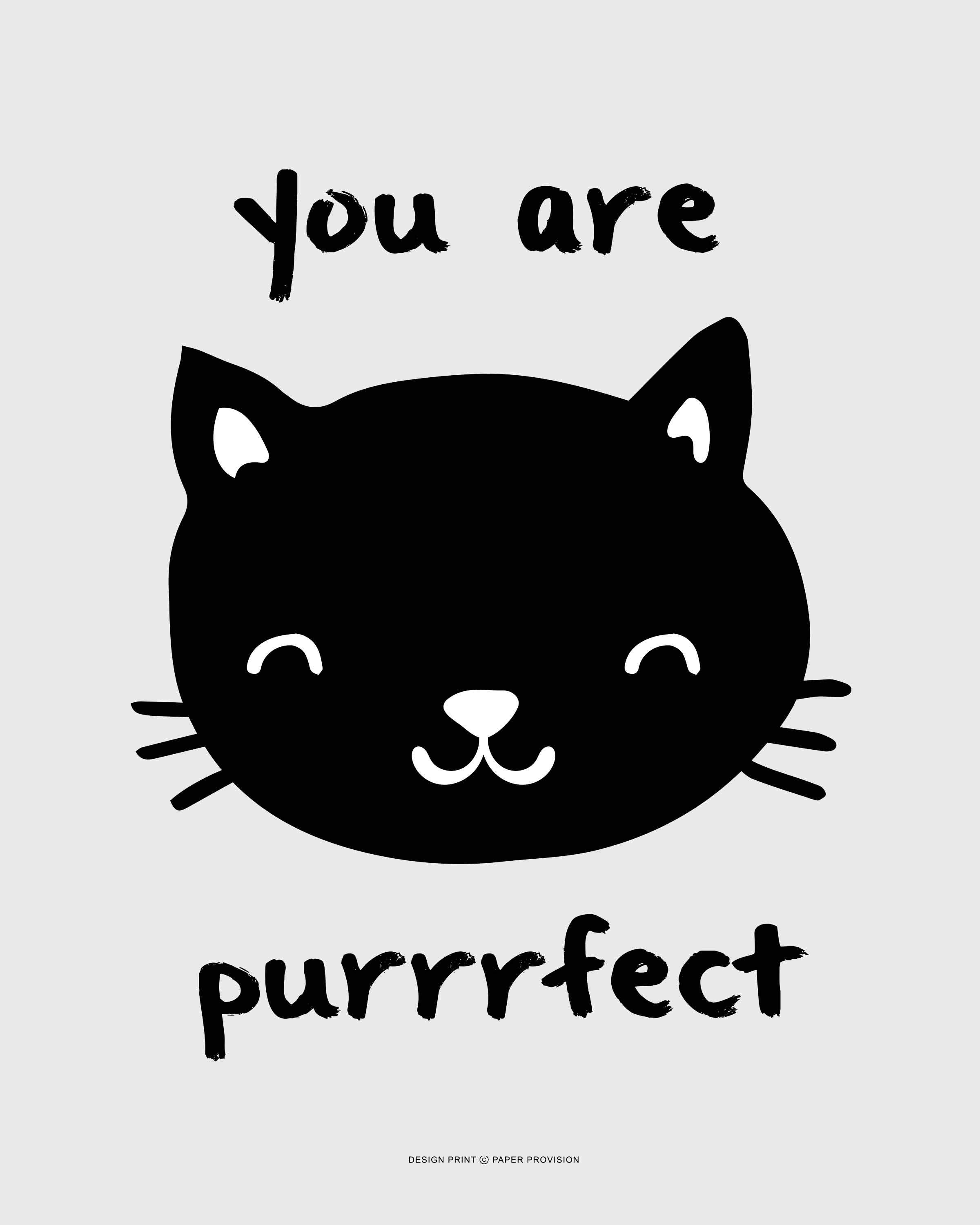 A colorful and whimsical print titled 'Purrrfect', designed for children's rooms, featuring playful designs and vibrant colors.