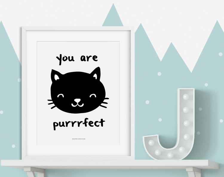 A colorful and whimsical print titled 'Purrrfect', designed for children's rooms, featuring playful designs and vibrant colors.
