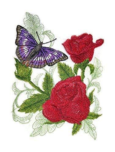 Purple Emperor Butterfly and Roses embroidered patch on a white background, showcasing intricate details and vibrant colors.