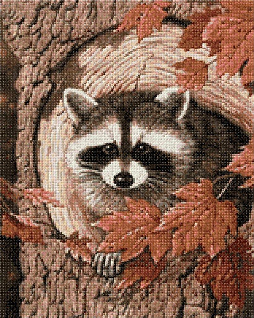 Racoon in the Tree diamond painting kit featuring a self-adhesive canvas, square acrylic diamonds, and crafting tools.