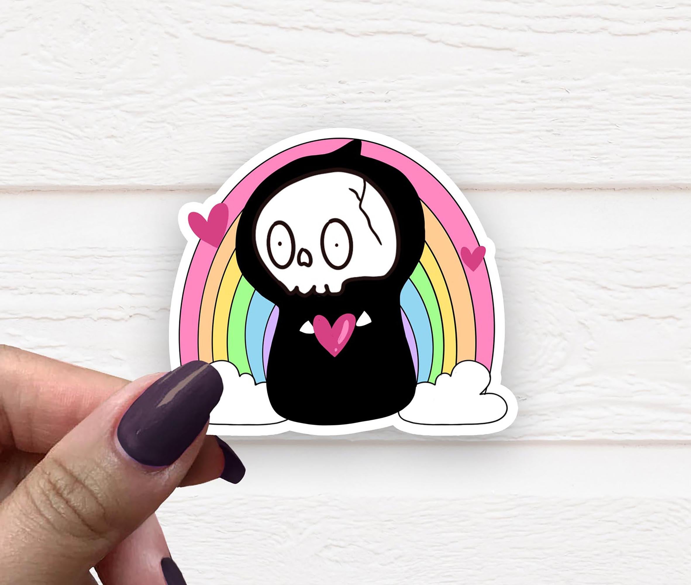 Colorful Rainbow Grim Reaper Sticker on a white background, showcasing its vibrant design and high-quality finish.