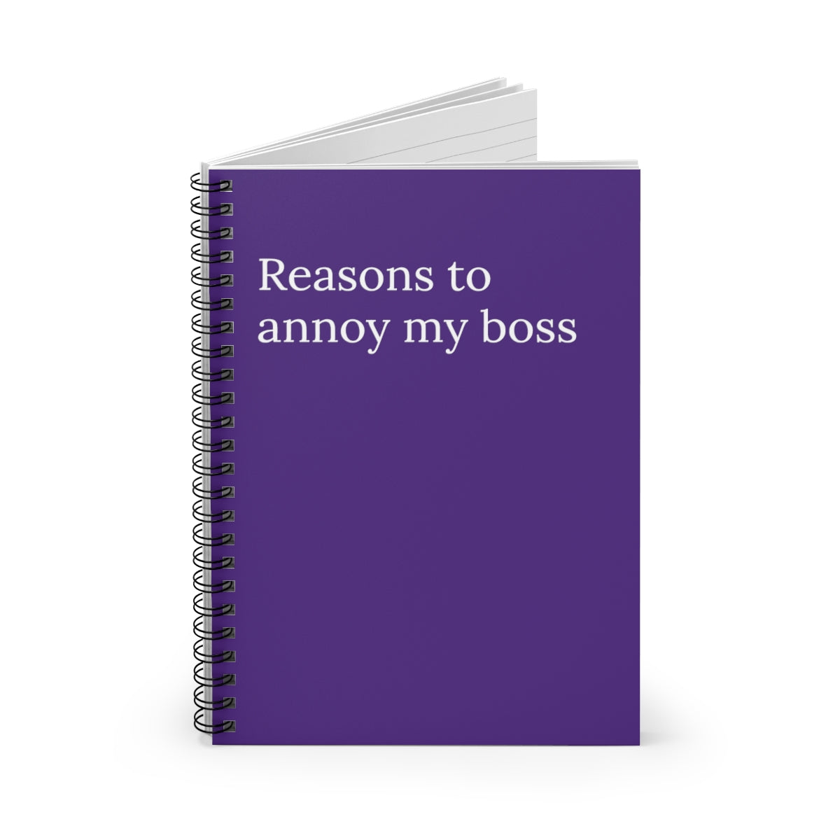 A spiral notebook titled 'Reasons to Annoy My Boss' featuring a humorous design, with ruled line pages visible.
