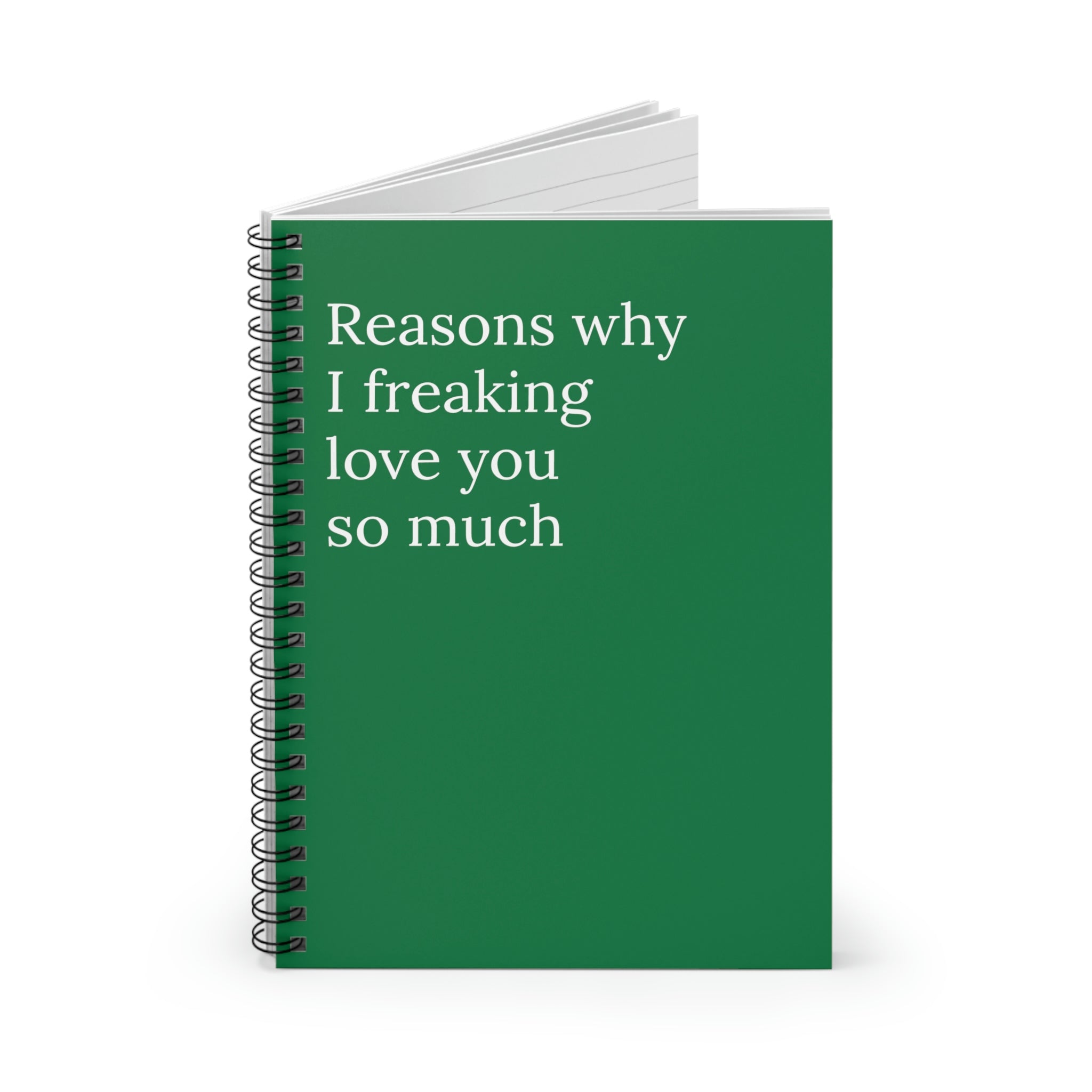 A spiral-bound notebook titled 'Reasons Why I Freaking Love You So Much' featuring a humorous design, perfect for jotting down thoughts.