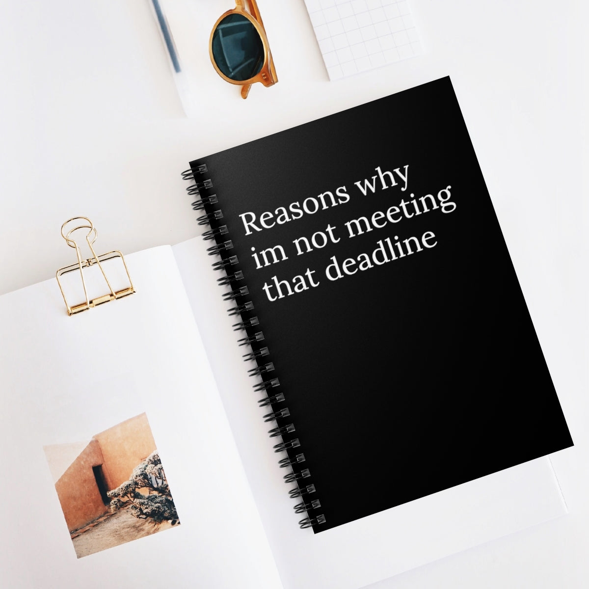 A humorous spiral notebook titled 'Reasons Why I'm Not Meeting That Deadline' with ruled line pages, perfect for office use.