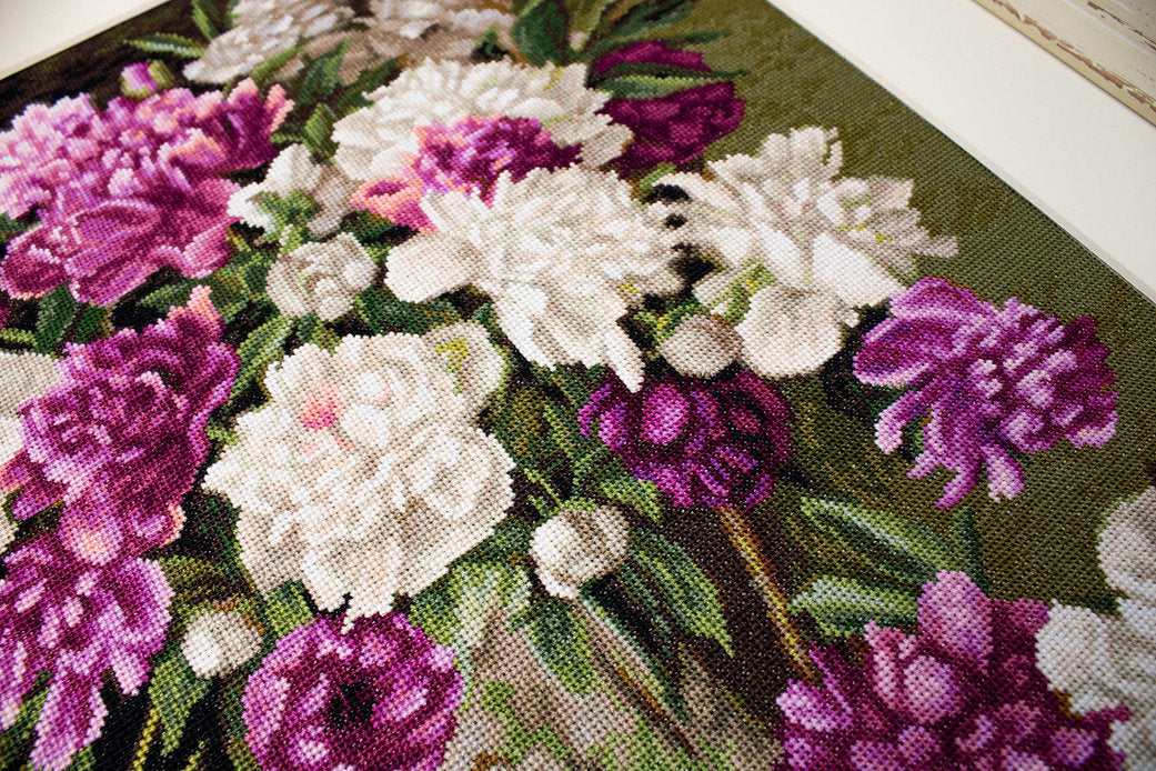 Red and White Peonies Counted Cross-Stitch Kit featuring Aida canvas, Anchor threads, and needle.