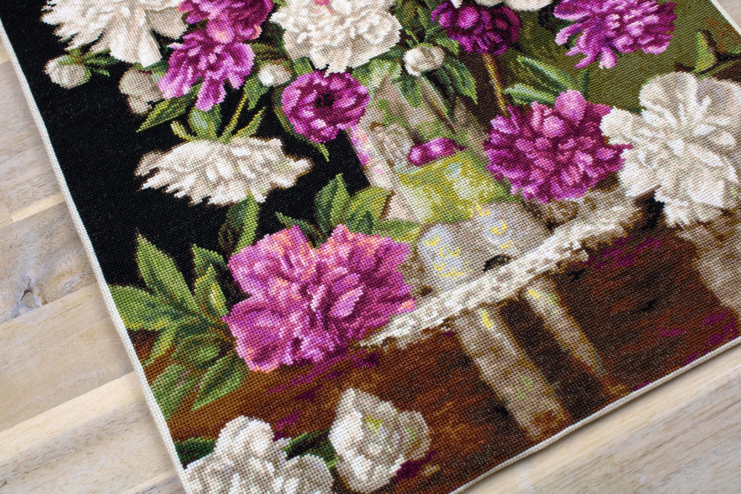 Red and White Peonies Counted Cross-Stitch Kit featuring Aida canvas, Anchor threads, and needle.