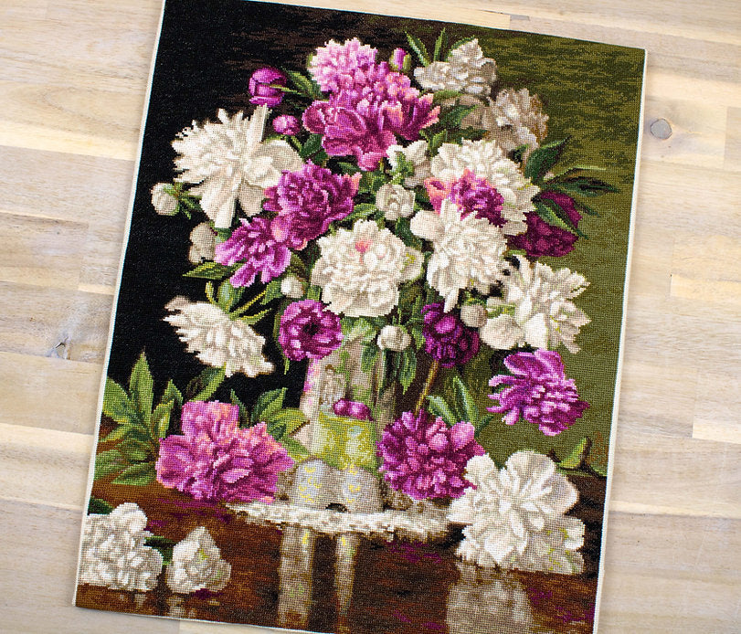 Red and White Peonies Counted Cross-Stitch Kit featuring Aida canvas, Anchor threads, and needle.