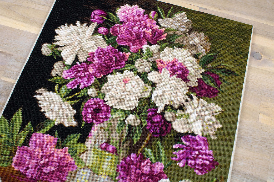Red and White Peonies Counted Cross-Stitch Kit featuring Aida canvas, Anchor threads, and needle.