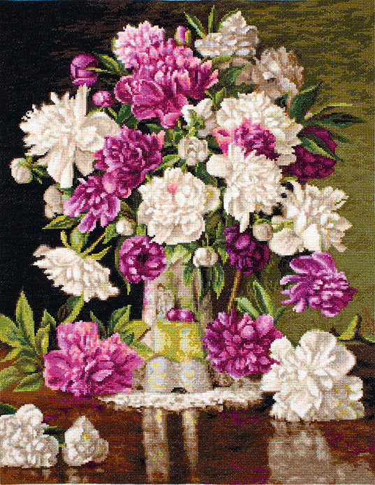Red and White Peonies Counted Cross-Stitch Kit featuring Aida canvas, Anchor threads, and needle.