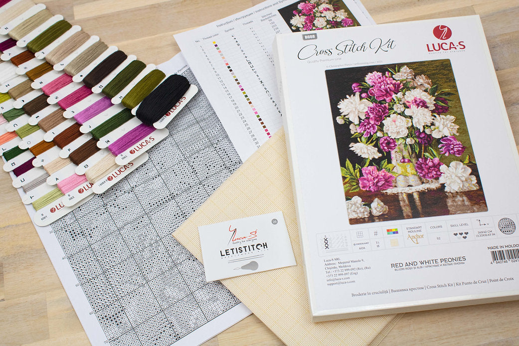 Red and White Peonies Counted Cross-Stitch Kit featuring Aida canvas, Anchor threads, and needle.