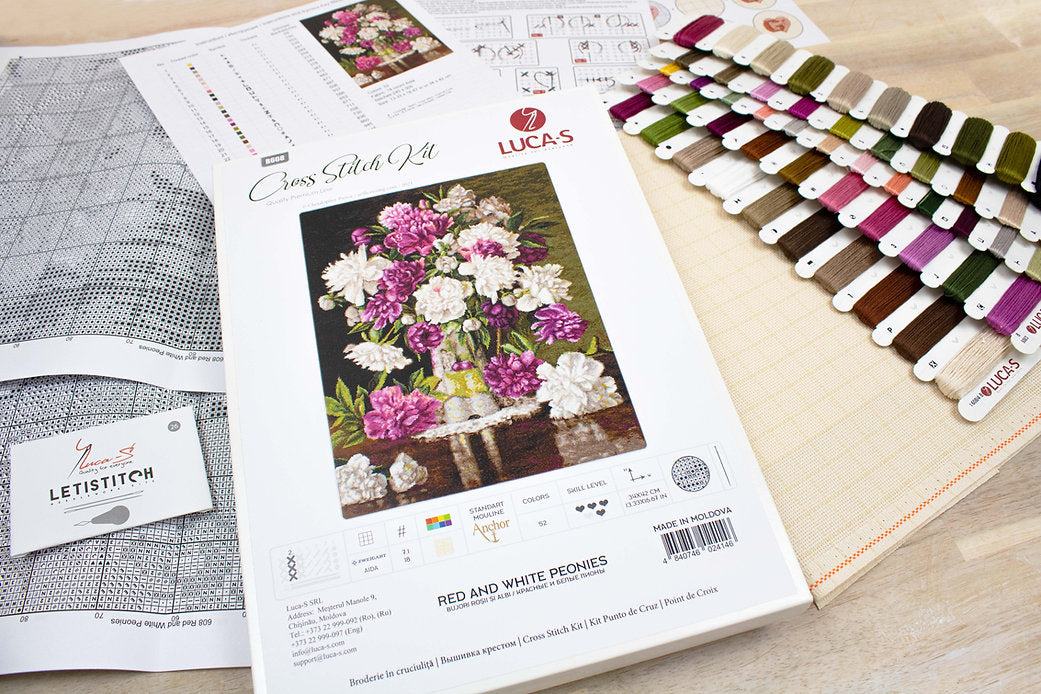 Red and White Peonies Counted Cross-Stitch Kit featuring Aida canvas, Anchor threads, and needle.