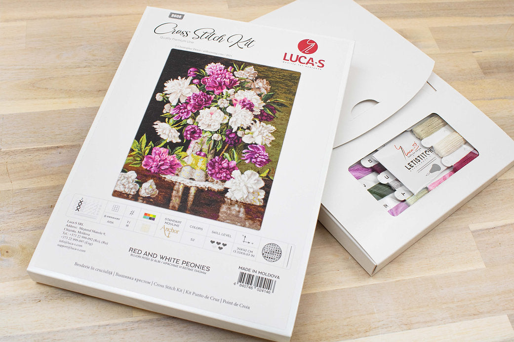 Red and White Peonies Counted Cross-Stitch Kit featuring Aida canvas, Anchor threads, and needle.