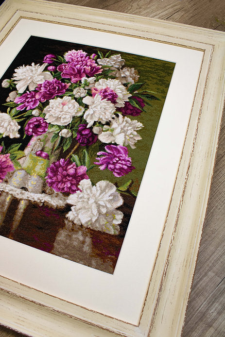 Red and White Peonies Counted Cross-Stitch Kit featuring Aida canvas, Anchor threads, and needle.
