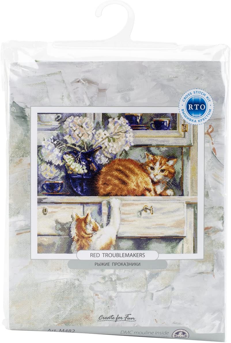 Red TroubleMakers M482 Counted Cross Stitch Kit featuring Aida canvas, DMC threads, and stitching supplies.