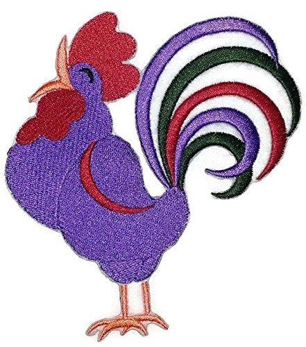 Retro Rooster embroidered patch featuring vibrant colors and intricate design, measuring 5.25 inches by 4.89 inches, suitable for iron-on or sewing applications.