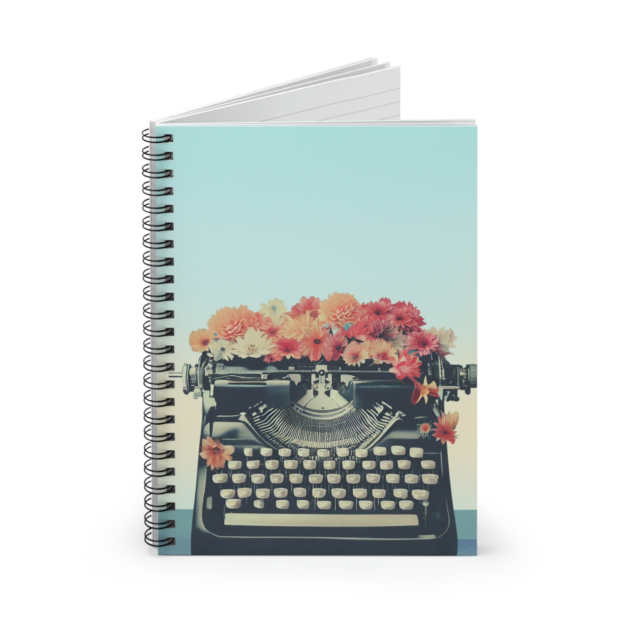 A Retro Typewriter Spiral Notebook featuring a vintage typewriter design on the front cover and a dark grey back cover, ideal for note-taking.