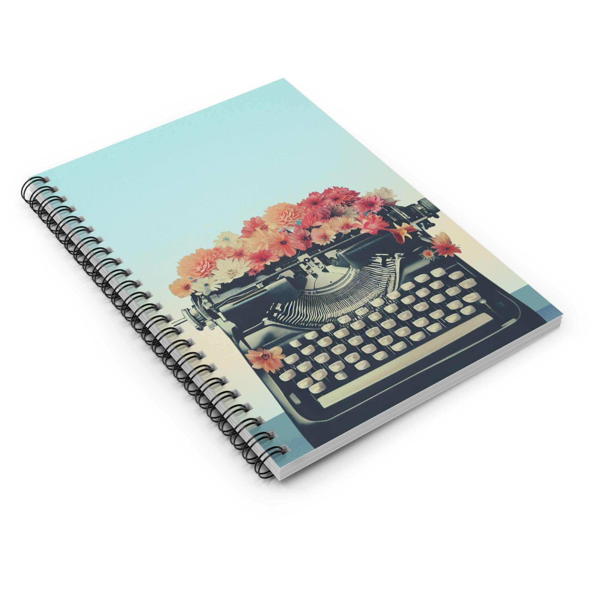 A Retro Typewriter Spiral Notebook featuring a vintage typewriter design on the front cover and a dark grey back cover, ideal for note-taking.