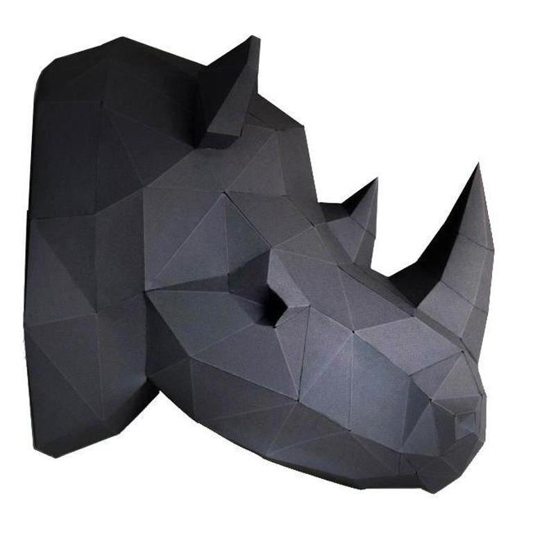 3D Rhino Head Wall Art made from strong paperboard, showcasing intricate details and a unique design, perfect for wall decor.