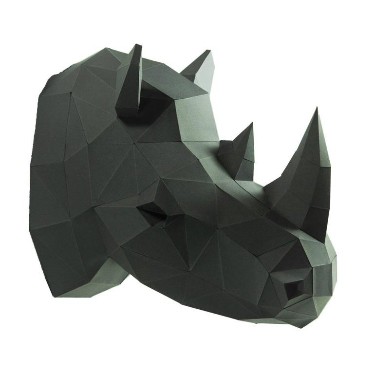 3D Rhino Head Wall Art made from strong paperboard, showcasing intricate details and a unique design, perfect for wall decor.