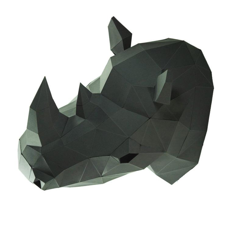 3D Rhino Head Wall Art made from strong paperboard, showcasing intricate details and a unique design, perfect for wall decor.