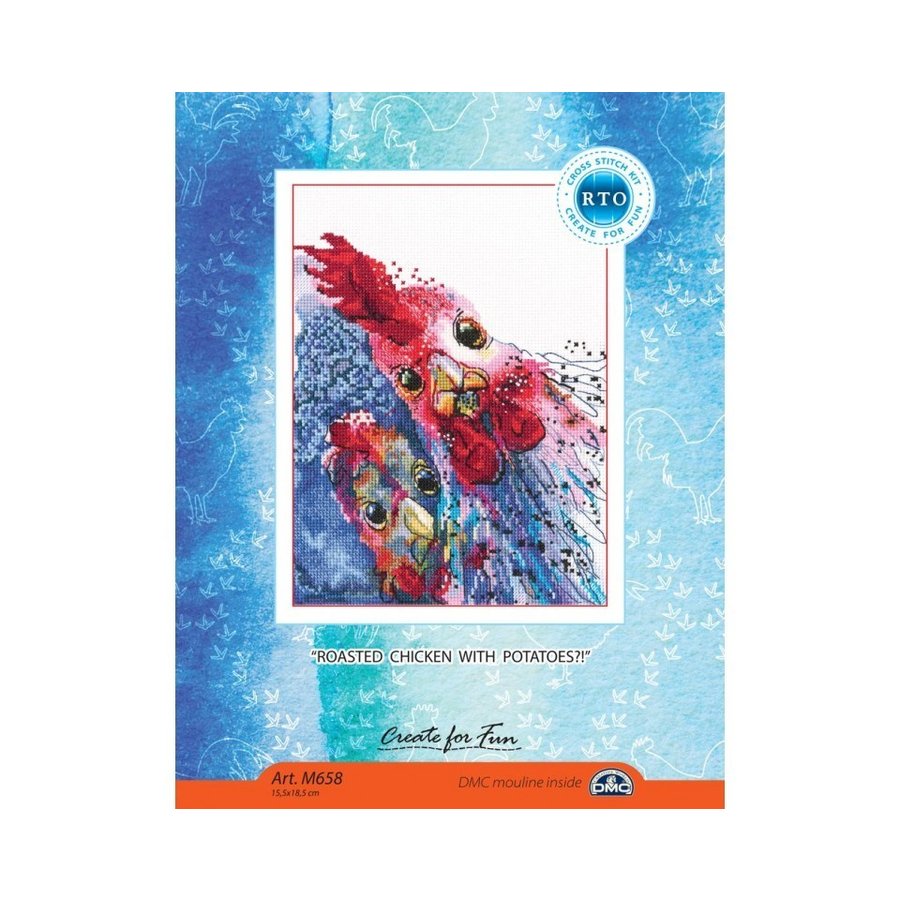 Roasted Chicken with Potatoes Counted Cross Stitch Kit featuring Aida canvas, DMC threads, and stitching supplies.