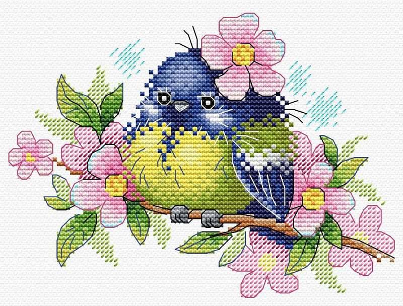 Romantic Bird M-554 Counted Cross Stitch Kit featuring colorful threads and AIDA canvas.