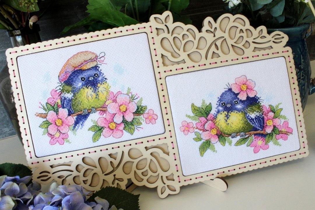 Romantic Bird M-554 Counted Cross Stitch Kit featuring colorful threads and AIDA canvas.