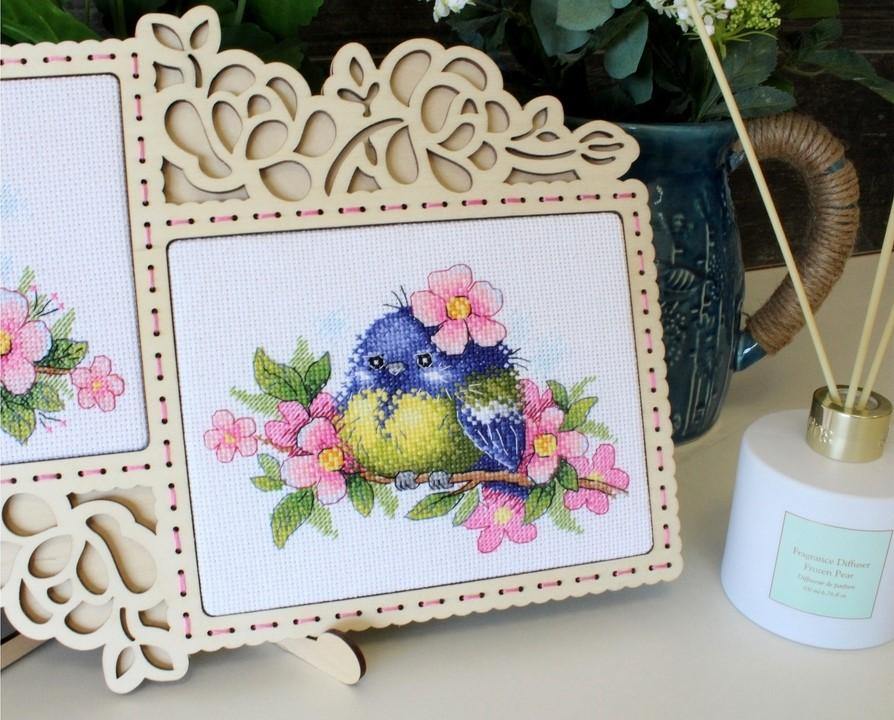 Romantic Bird M-554 Counted Cross Stitch Kit featuring colorful threads and AIDA canvas.