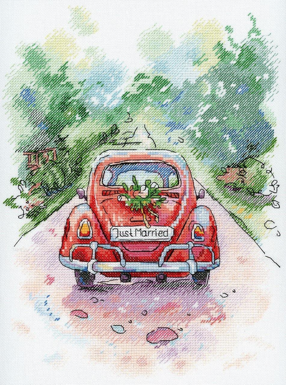 Romantic Journey SA-004 Cross-stitch kit featuring a wedding sampler design with a red beetle on a road.