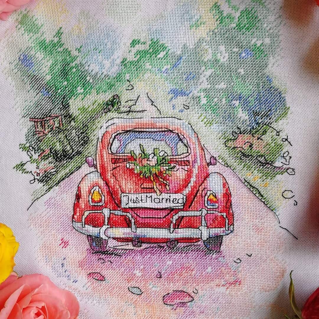 Romantic Journey SA-004 Cross-stitch kit featuring a wedding sampler design with a red beetle on a road.