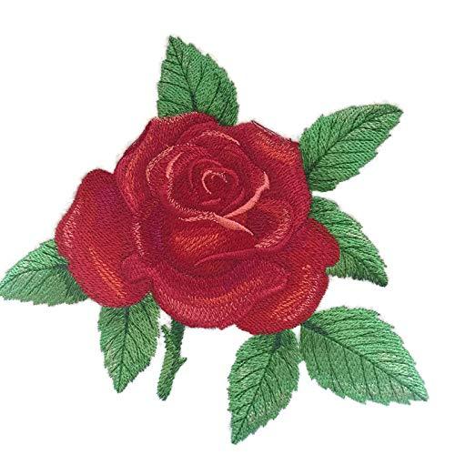 Romantic red rose embroidered patch on a white background, showcasing intricate details and vibrant colors.
