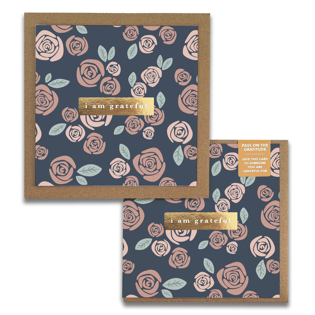 A set of two elegant Roses Gratitude Greeting Cards with gold foil stamping, accompanied by rustic kraft envelopes.
