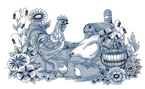 Delft Blue embroidered patch featuring a rooster in a barnyard scene, ideal for iron-on or sewing applications.