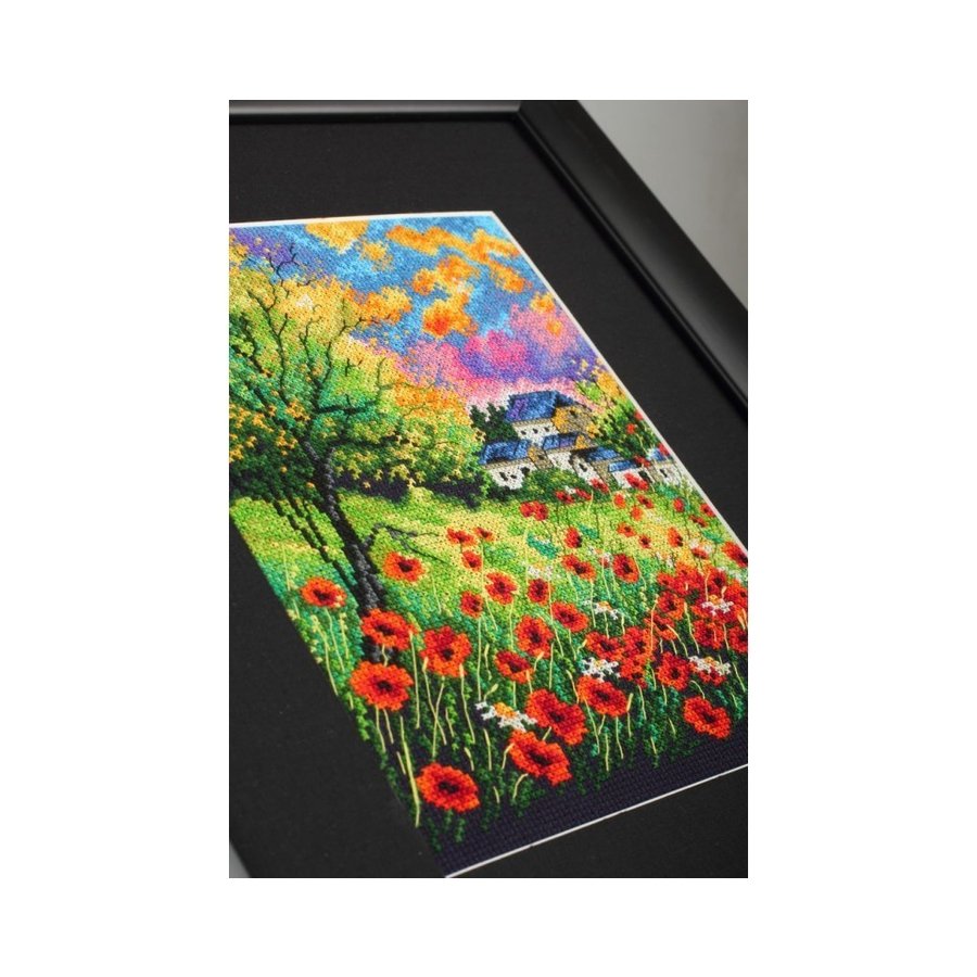 Run Away Poppies M624 Counted Cross Stitch Kit featuring navy Aida fabric, colorful threads, and detailed instructions.