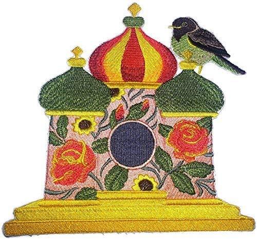 Russian Birdhouse embroidered patch featuring Apal Thrush design, ideal for iron-on or sewing applications.