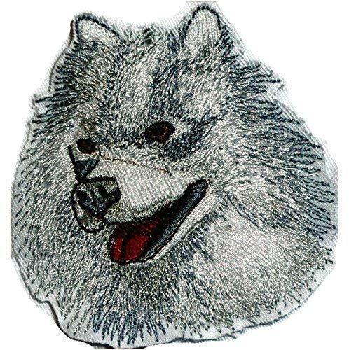 Samoyed Dog Face Embroidery Patch, 4x3.88 inches, featuring intricate stitching and vibrant colors, perfect for iron-on or sew-on applications.