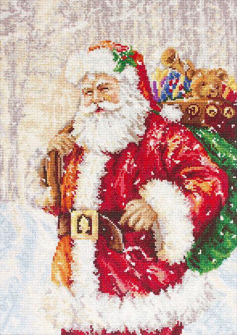 Santa Claus B575L Counted Cross-Stitch Kit featuring Santa with gifts in a winter landscape, includes Aida canvas and 45 colors.