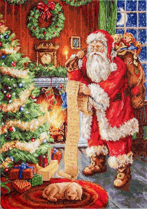 Santa Claus B578L Counted Cross-Stitch Kit featuring Aida canvas, colorful threads, and needle for holiday crafting.