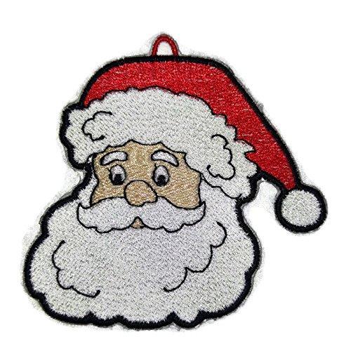 Embroidered Santa face patch, featuring vibrant colors and intricate details, perfect for holiday-themed garments.